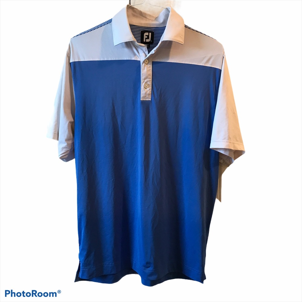 FootJoy Golf Polo Shirt Medium Blue White Colorblock Striped Performance FJ